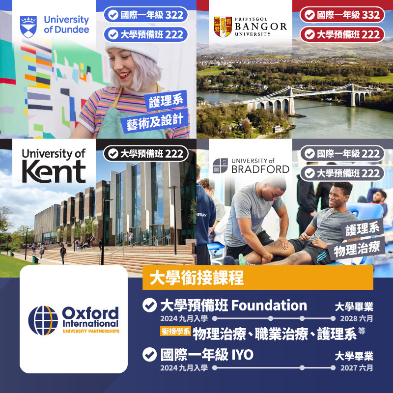 大學銜接課程:Dundee (33)、Bangor (44)、Kent (52)、Bradford (108) 等